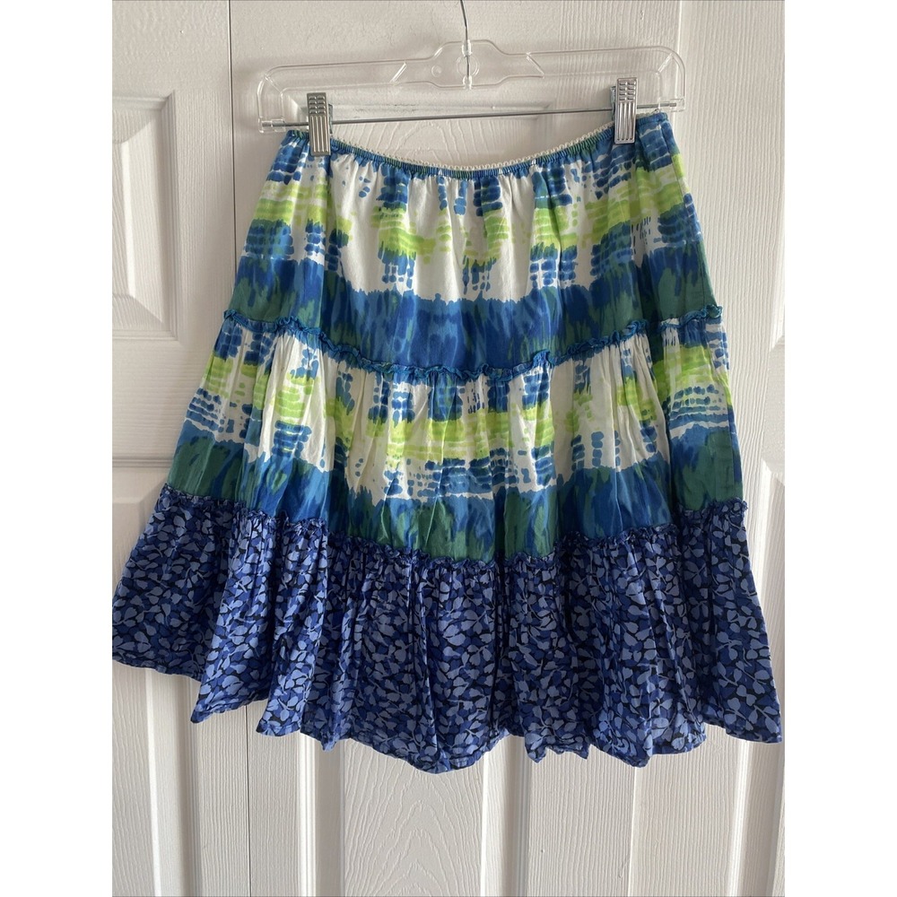 Kommotion NY Tiered Boho Skirt Womens Size S Blue Green Tie Dye Floral Cotton